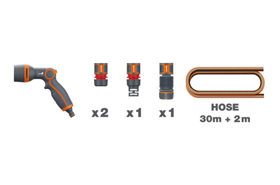 В комплект поставки входят: шланг UltraGrip Plus (5/8”, 30+2 м), пистолет-распылитель DWG 1020, коннектор для шланга 12,5-15 мм (1/2” - 5/8”) DWC 2514 (2 шт.), коннектор с Aquastop для шланга 13мм-15мм (1/2